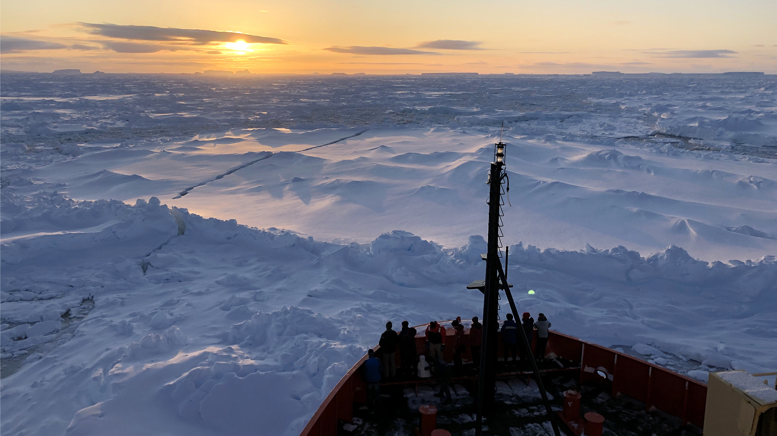 A Sunday morning sunrise was enjoyed by personnel on board the research vessel Nathaniel B. Palmer as it moved into the Bellingshausen Sea. The cruise had been in the Amundsen Sea region participating in the International Thwaites Glacier Collaboration.