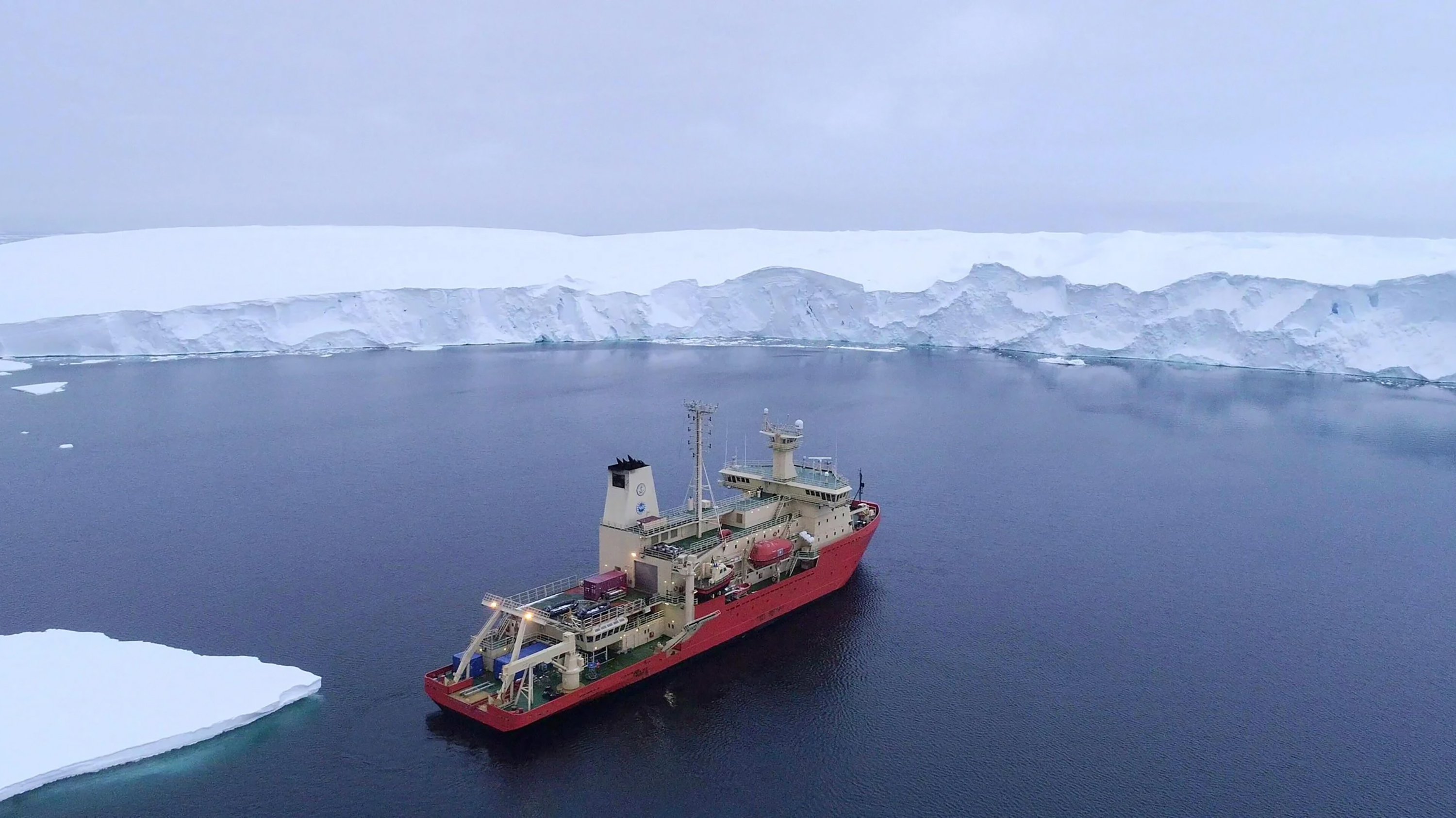 The U.S. research vessel Nathaniel B. Palmer photographed from a drone at Thwaites Glacier ice front in February 2019.