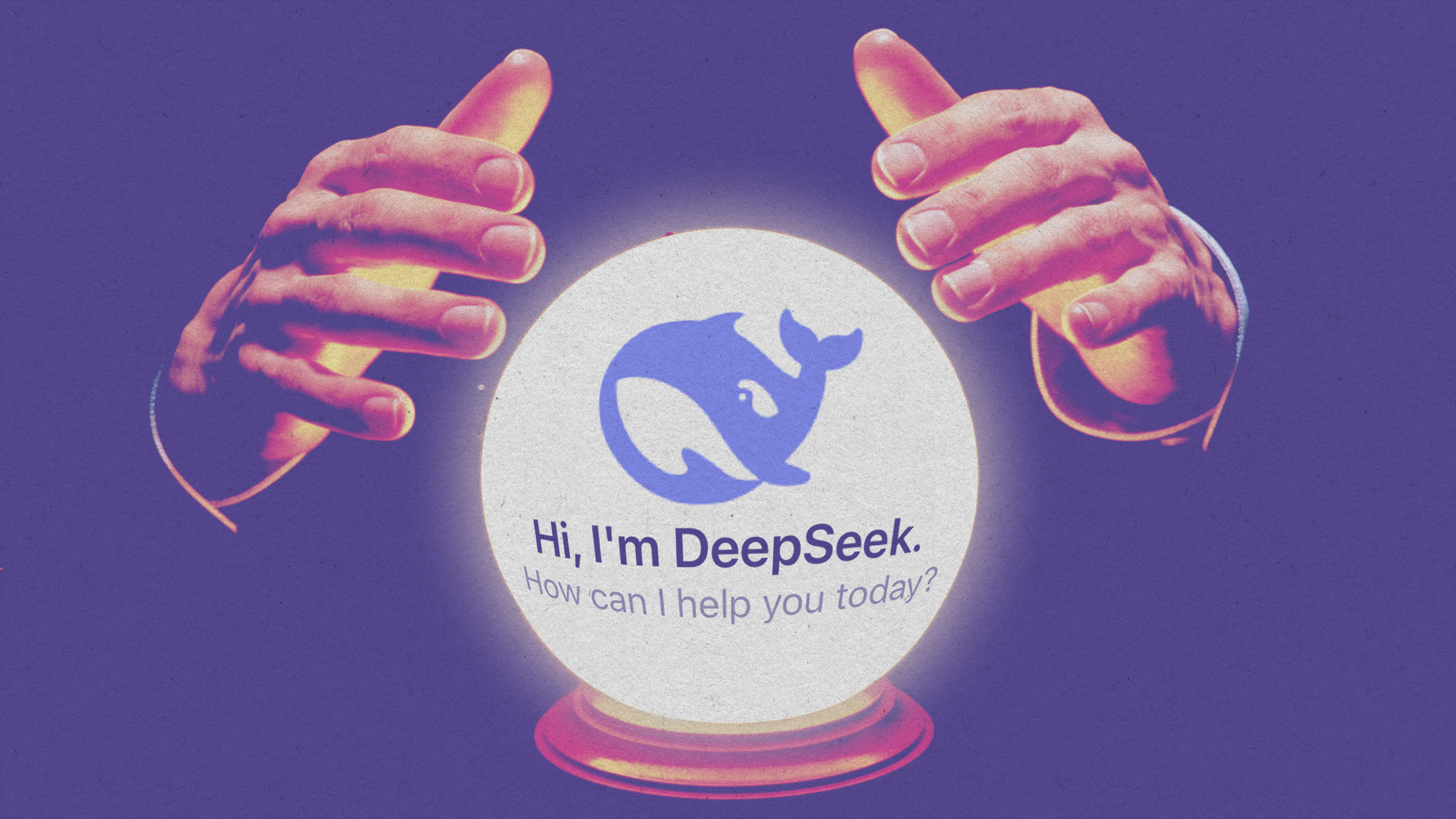 A fortune teller's hands hover over a crystal ball with the DeepSeek logo.