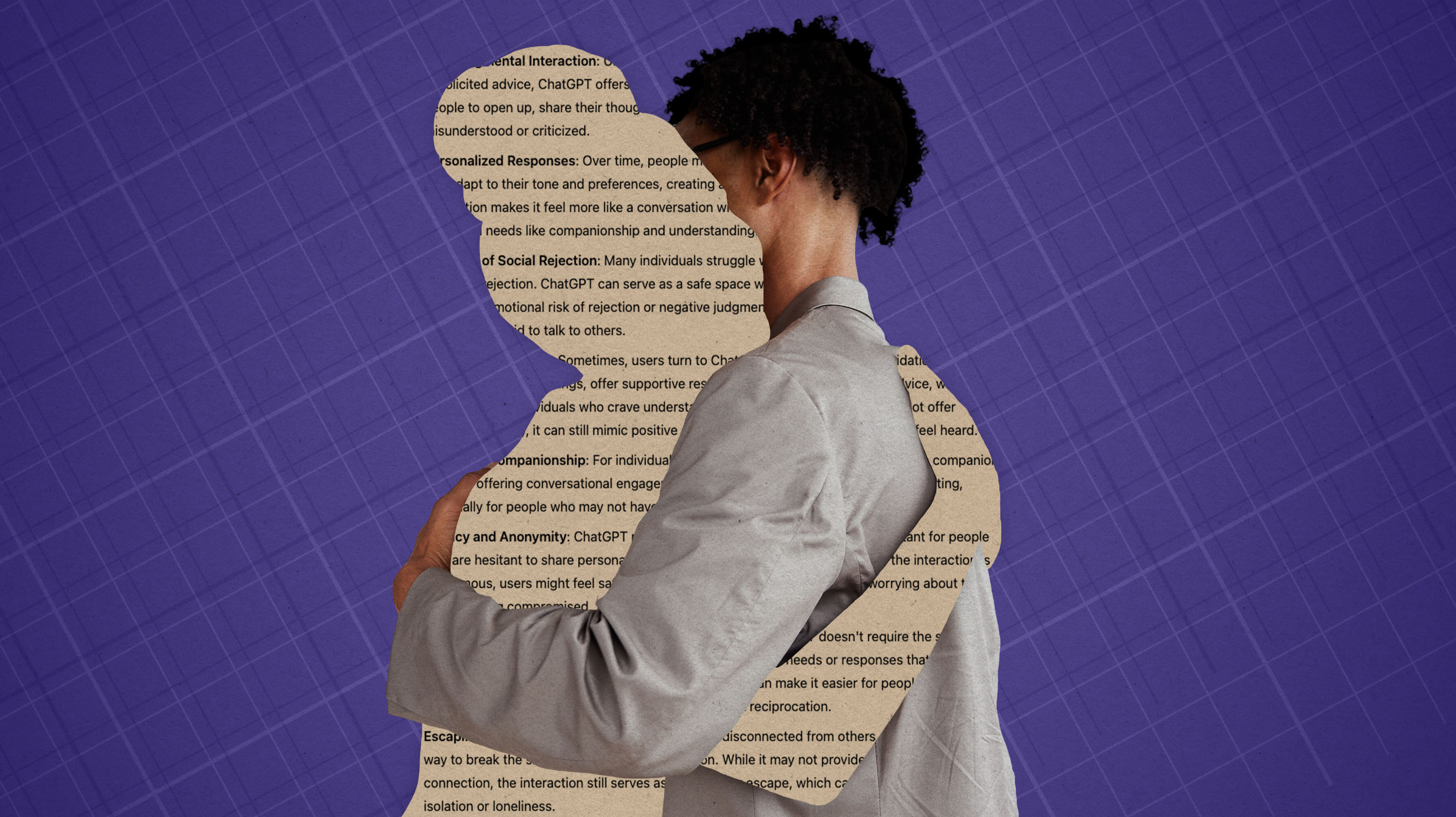 A person is seen embracing the silhouette of another person, filled with text depicting why folks can be emotionally addicted to ChatGPT.