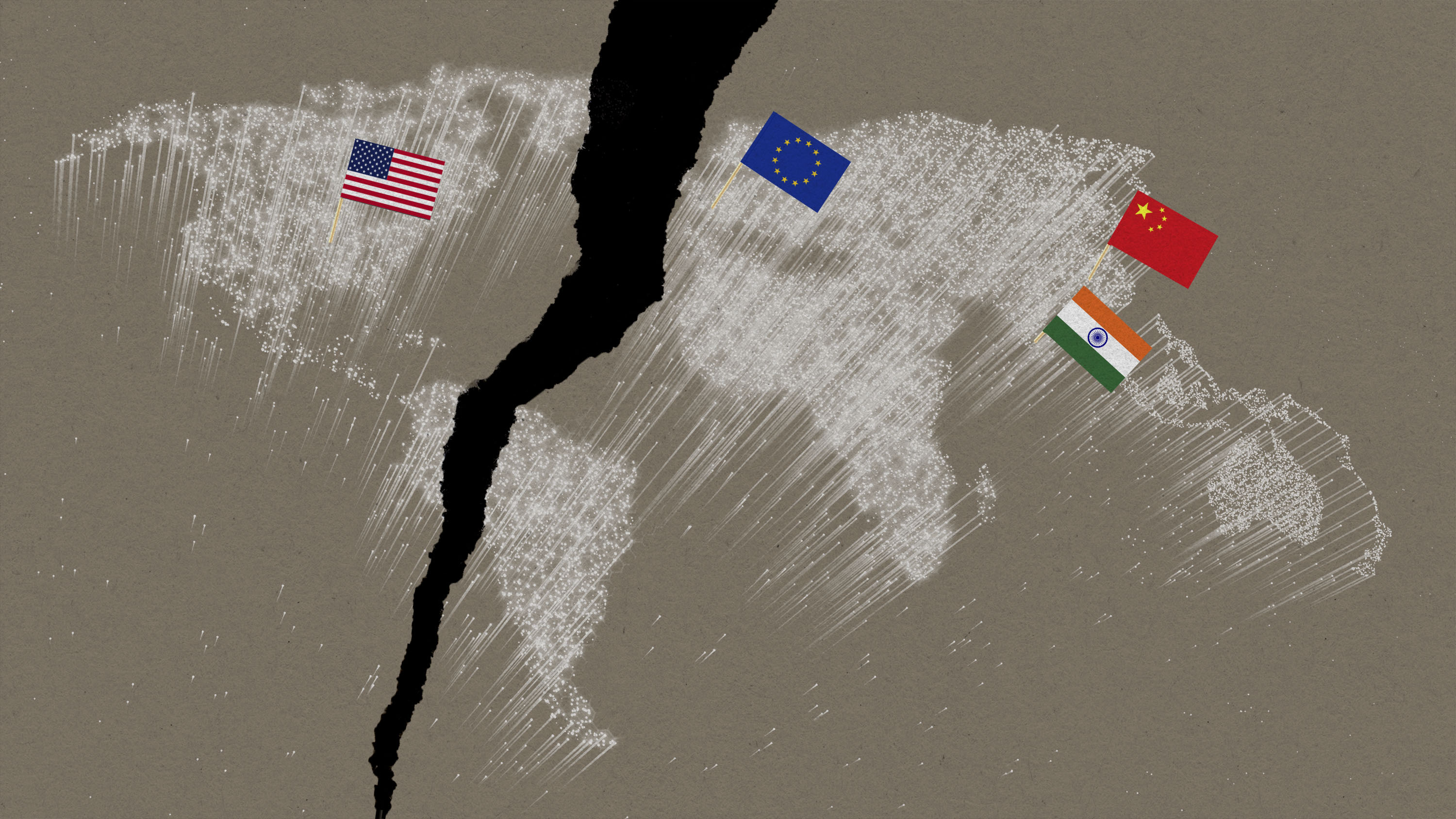 Photo Illustration shows a fiber optic world map with a giant rip dividing the United States from the EU, China, and India.