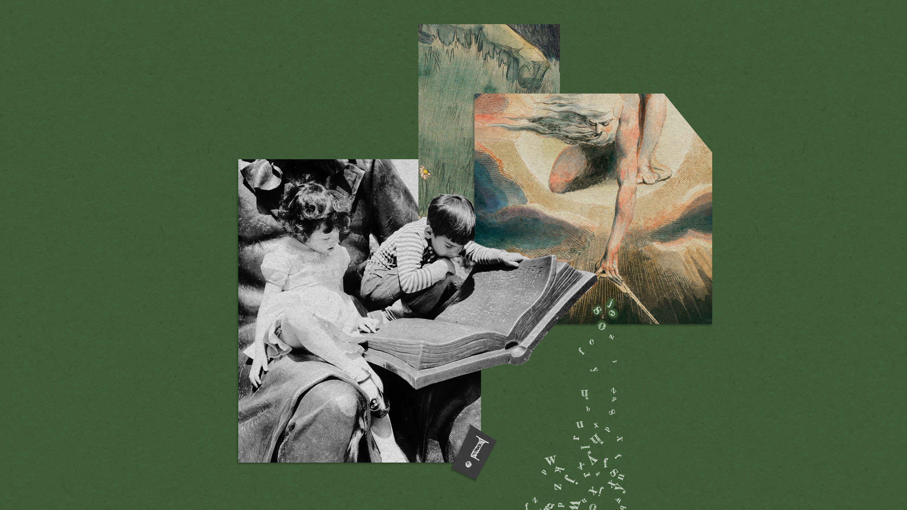 two children sitting on the Hans Christian Andersen statue reading the stone book in his lap, and an illustration from William Blake spilling letters off the page