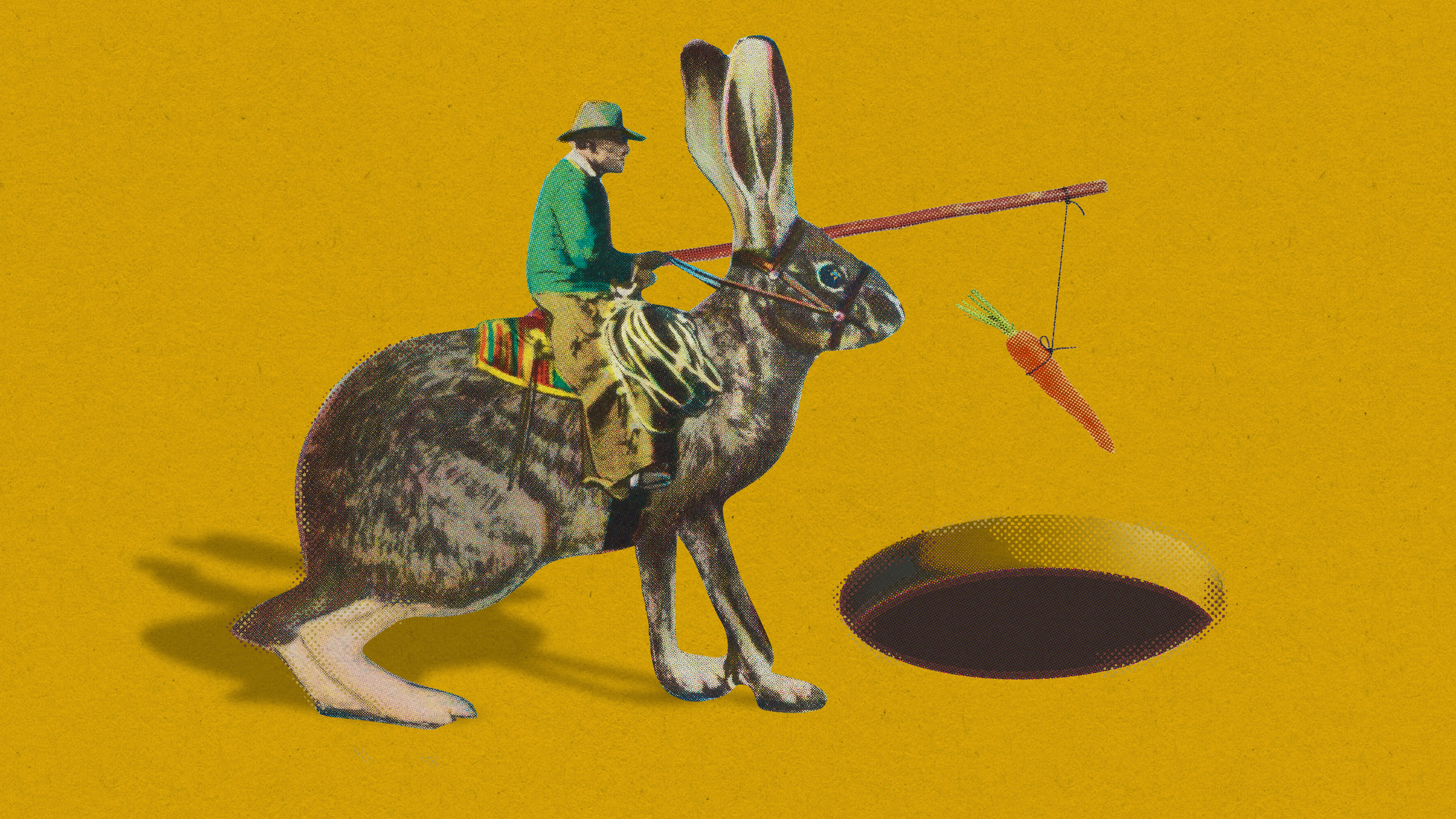 a cowboy astride a rabbit uses a carrot on a stick to lead it toward a hole
