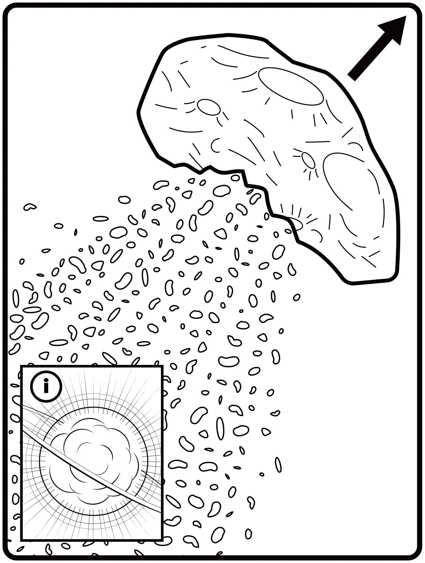 IKEA-style diagram of an asteroid trailed by a cloud of particles with an inset of an explosion