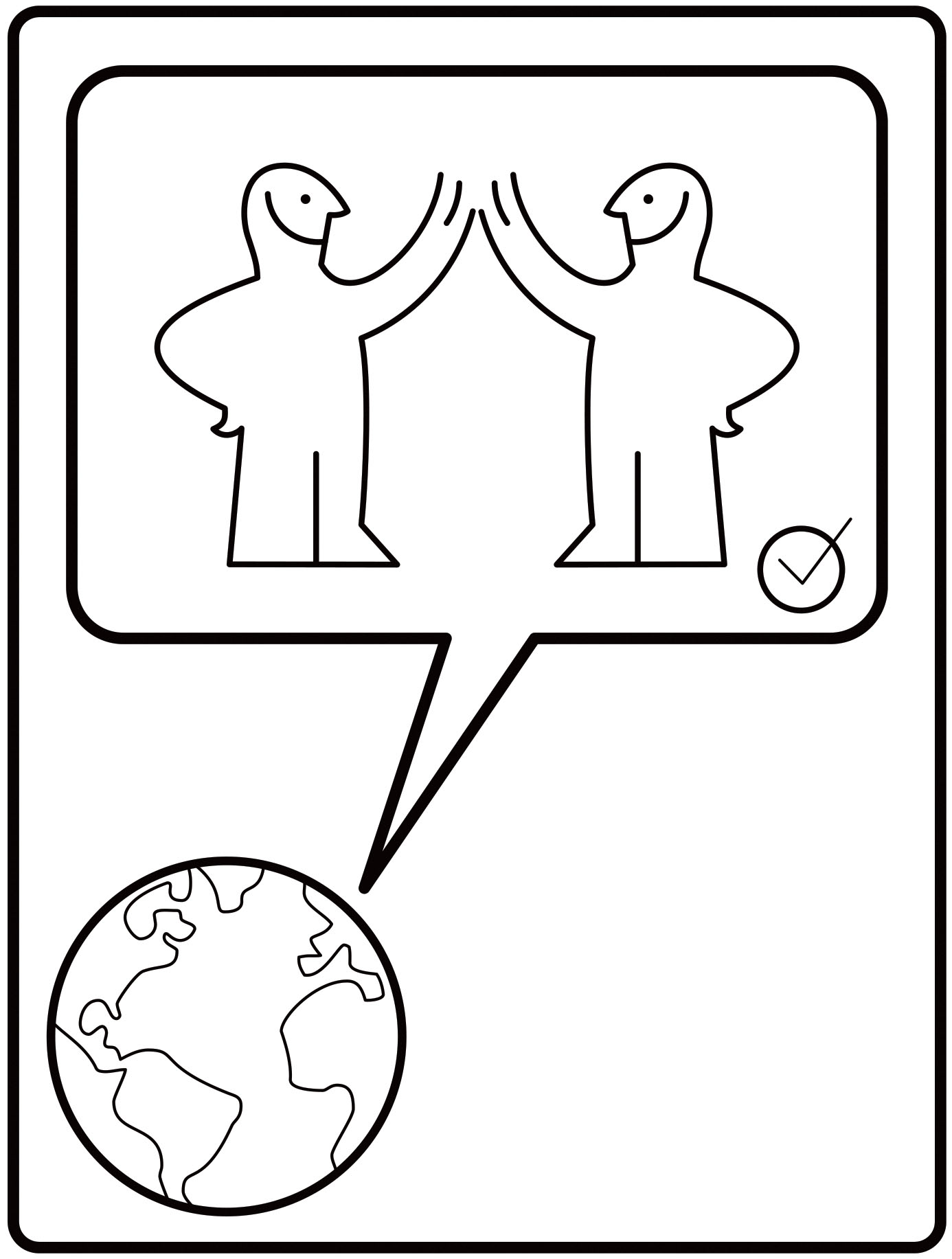 Ikea-style diagram of the Earth with a chat bubble inset of two figures high-fiving.