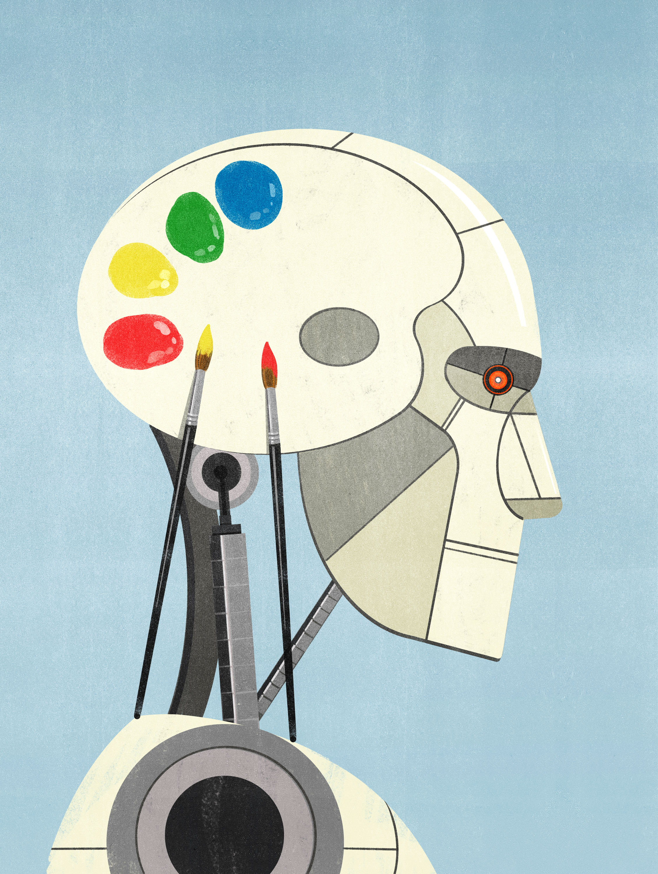 robot with a paint palette for a skull