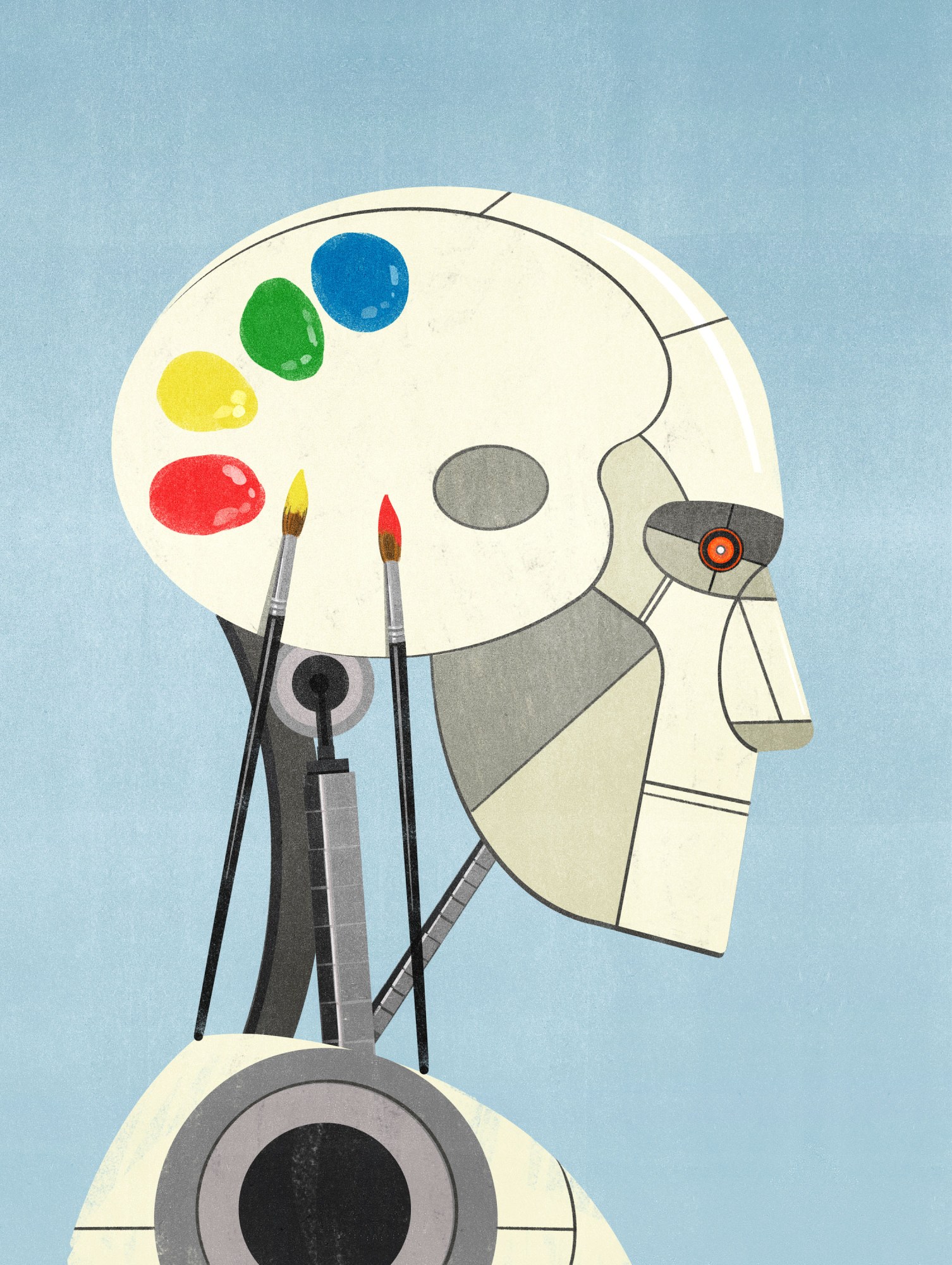 robot with a paint palette for a skull