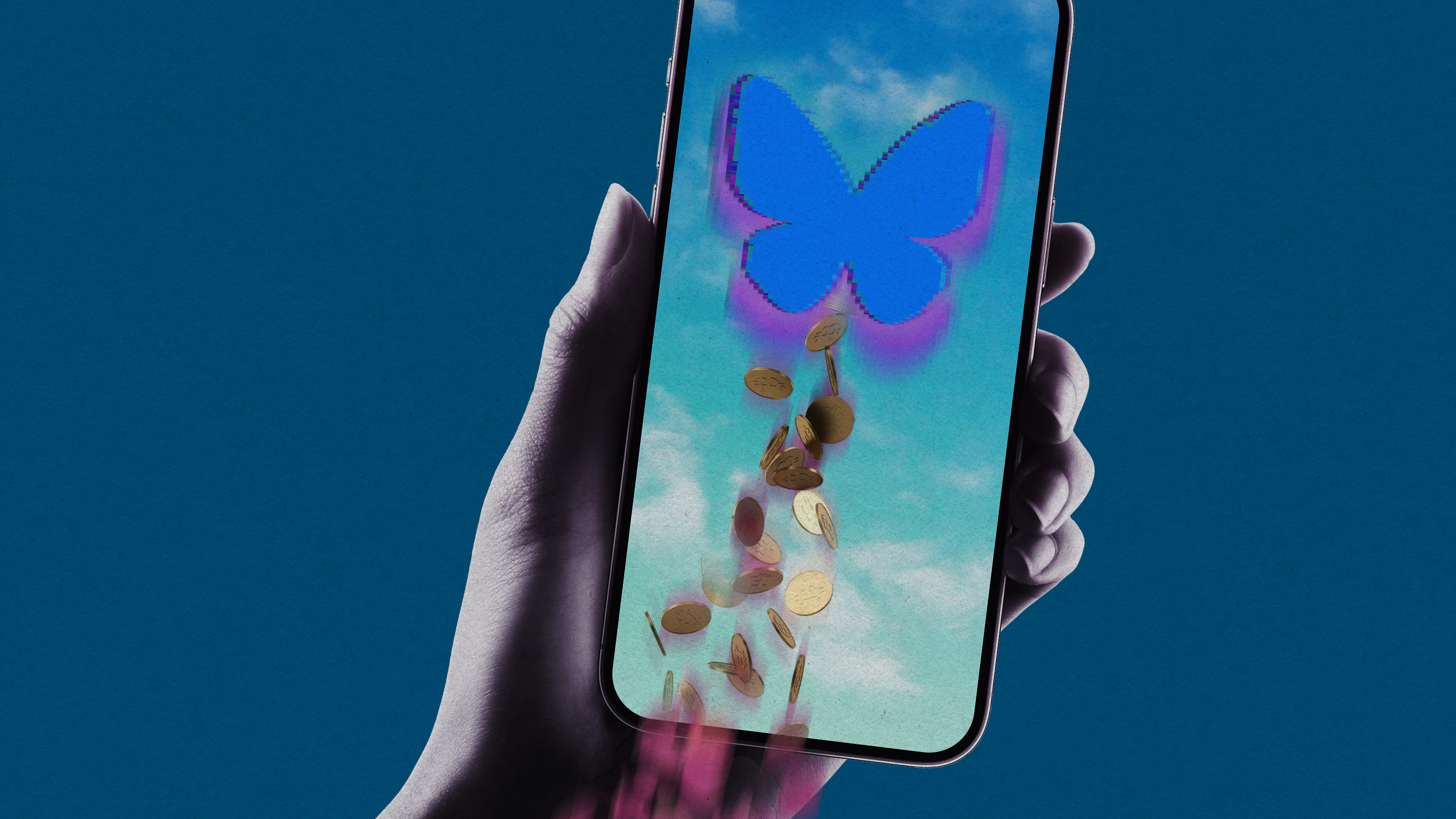 bluesky logo on a phone which is glitching and dripping with gold coins