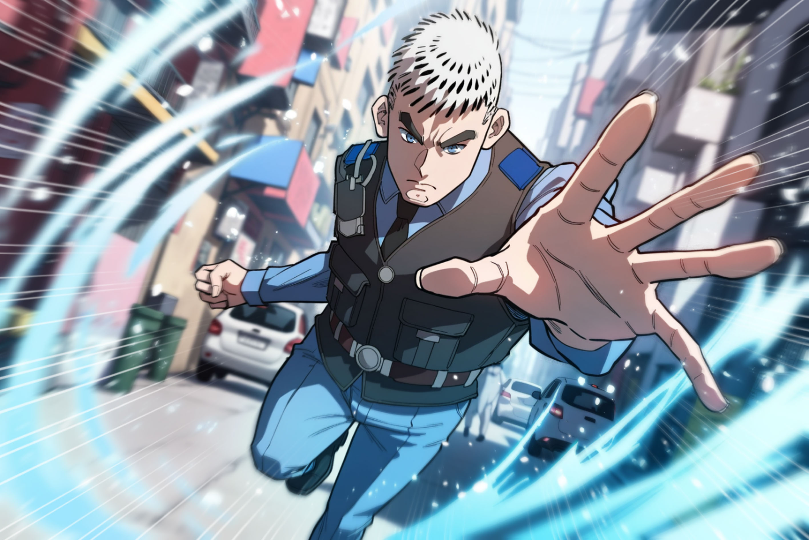 a character with white hair and an outstretched hand charges at the viewer while ringed by blue energy streaks