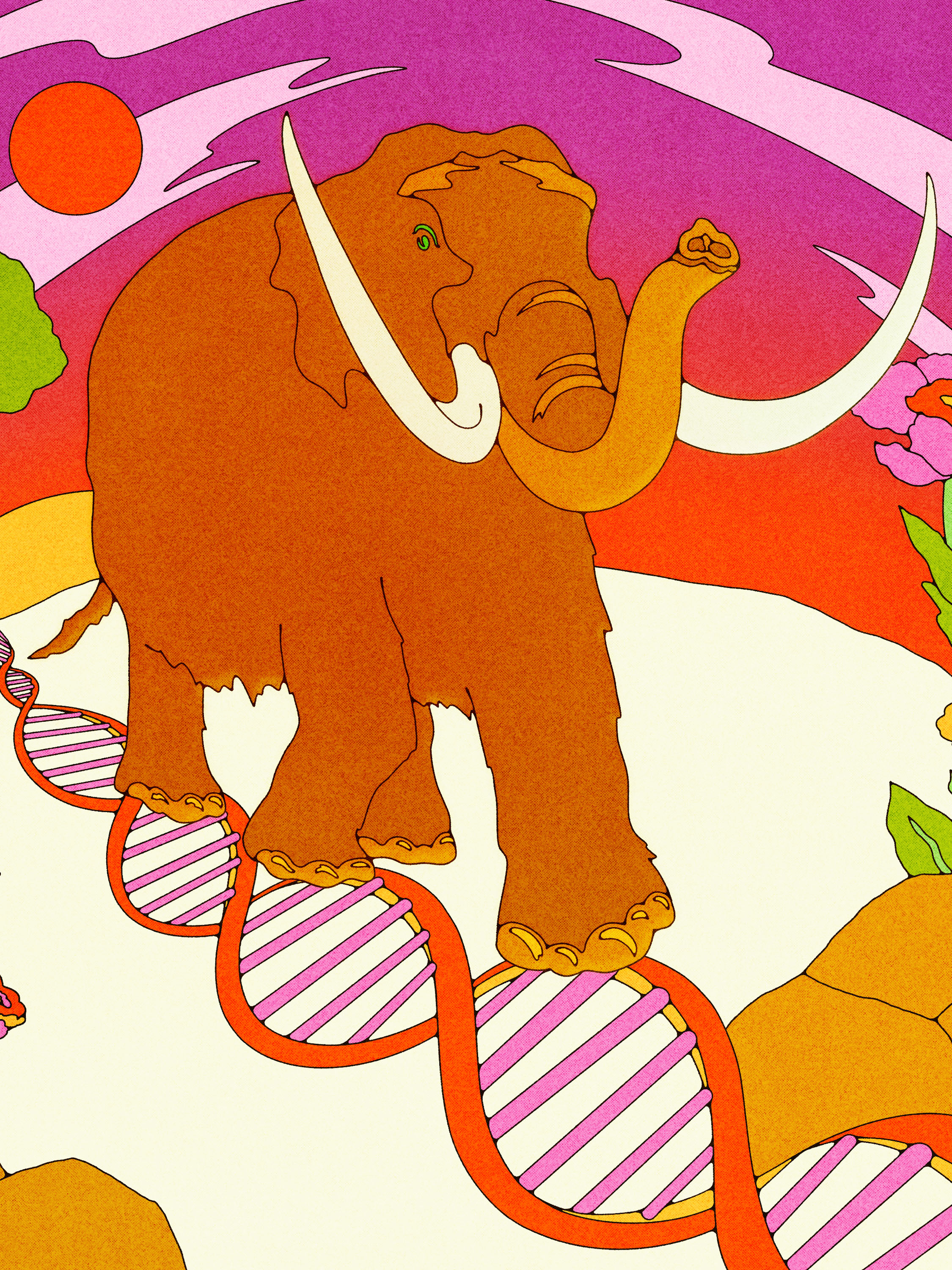 mammoth walking on a strand of DNA