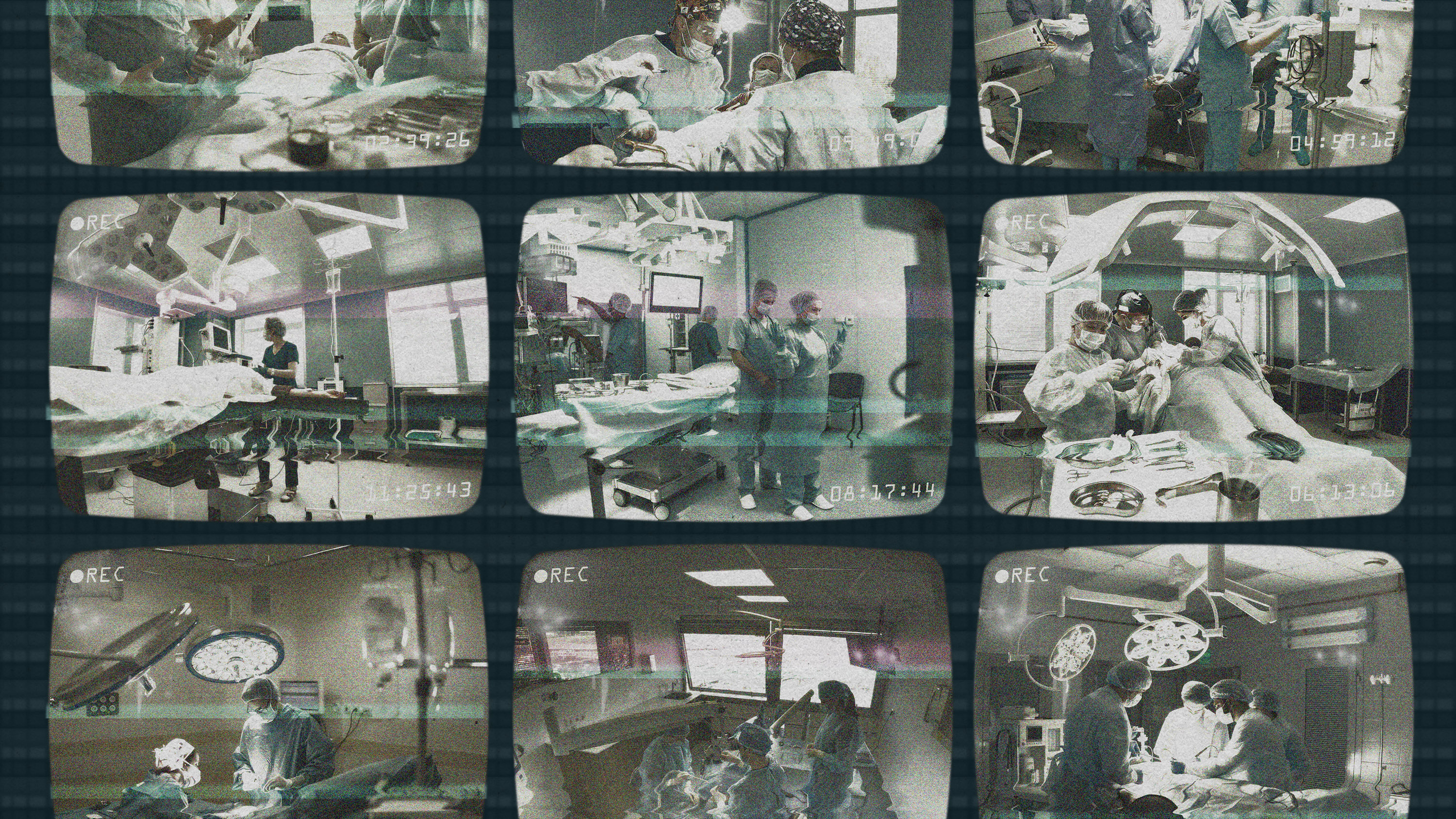 a grid of cctv-like screens showing operating rooms at different times