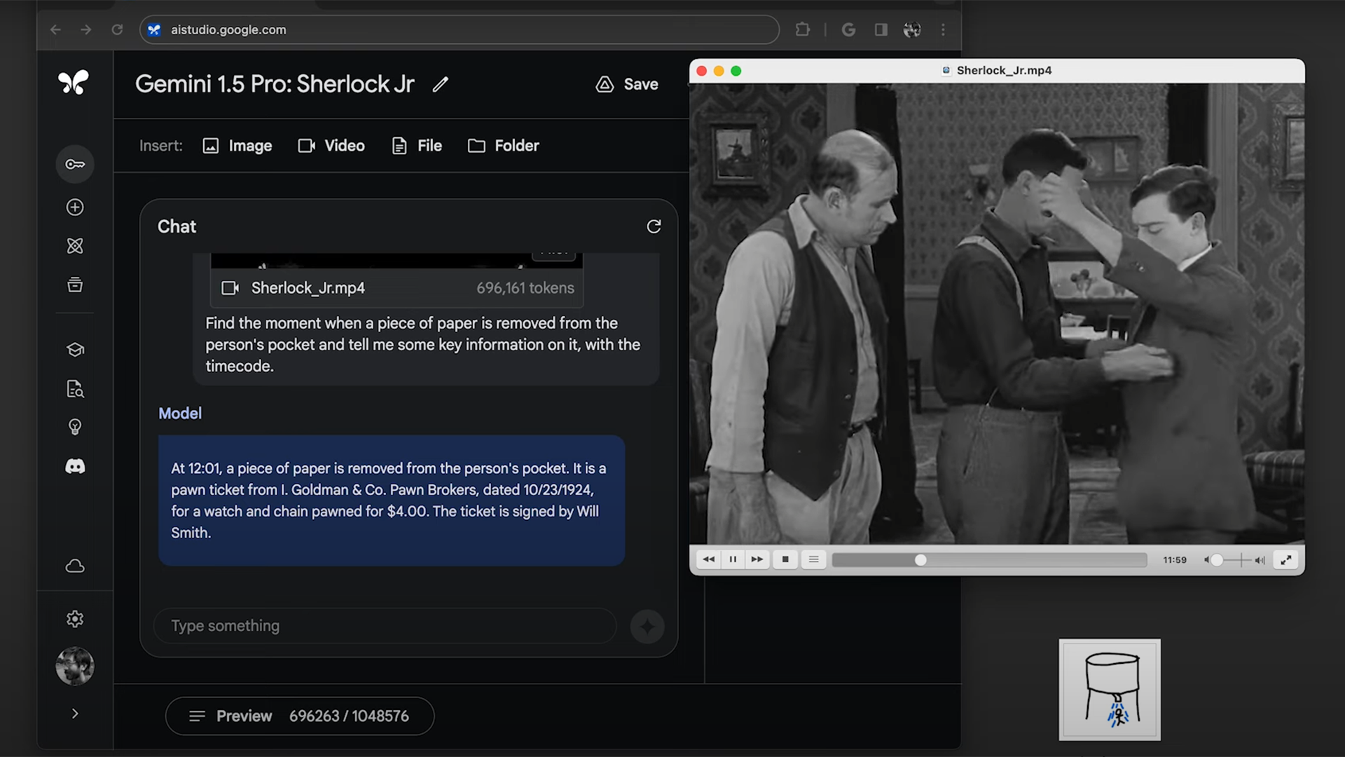 screenshot from a Gemini 1.5 Pro demo of the request to find the timestamp in Shelock Jr where a piece of paper is removed from Buster Keaton's pocket